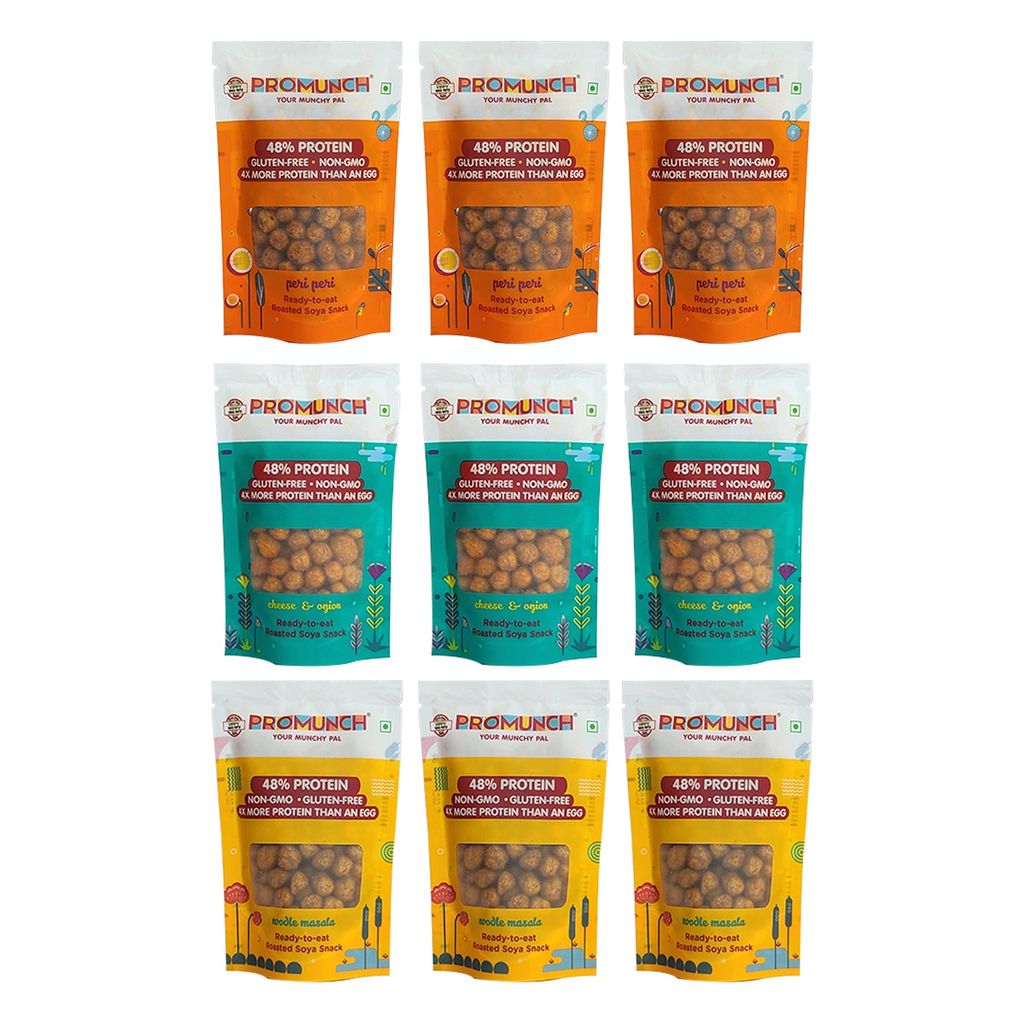 PROMUNCH Travel Combo Pack (Cheese and Onion-3, Peri Peri-3, Noodle Masala-3) 30gm x 9