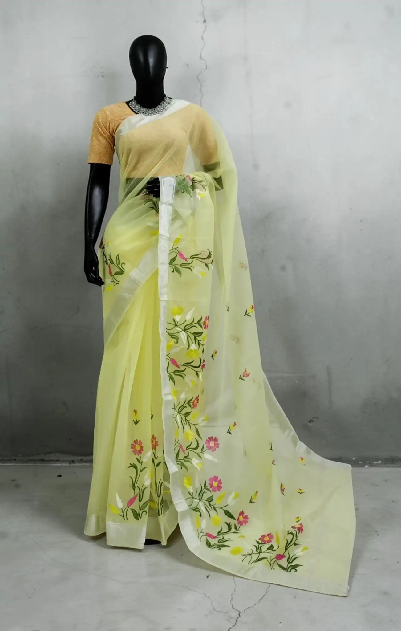 Pastel Yellow Kota Doria Saree with Block-Printed Florals and Zari Border