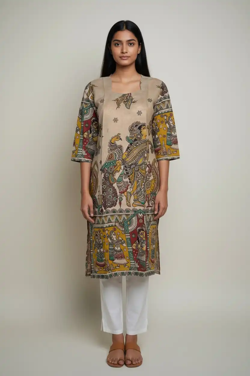 Kalamkari Print Cotton Kurti Black Yellow Maroon