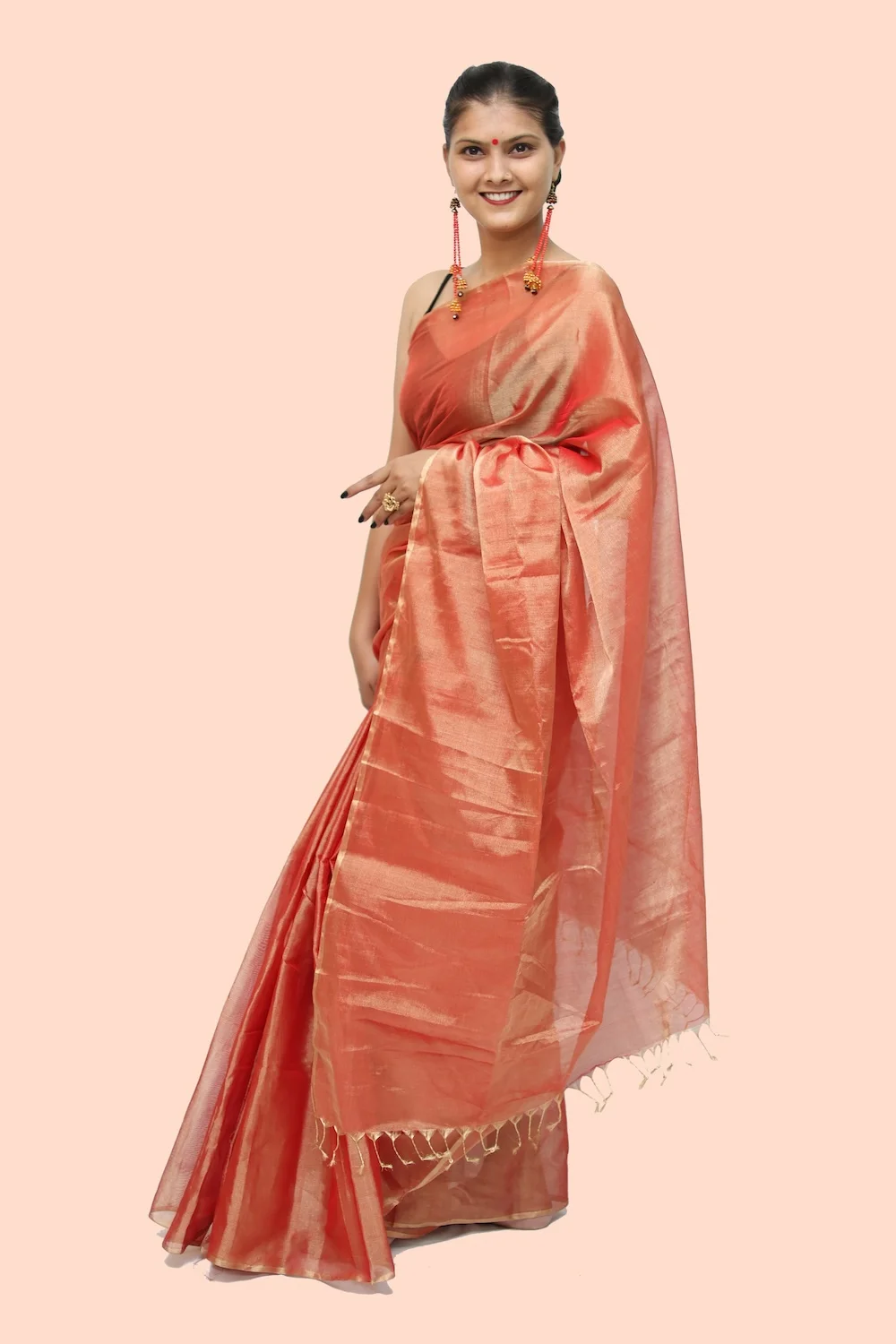 Imperial Maheshwari handloom Tissue Saree with Tassels – Red