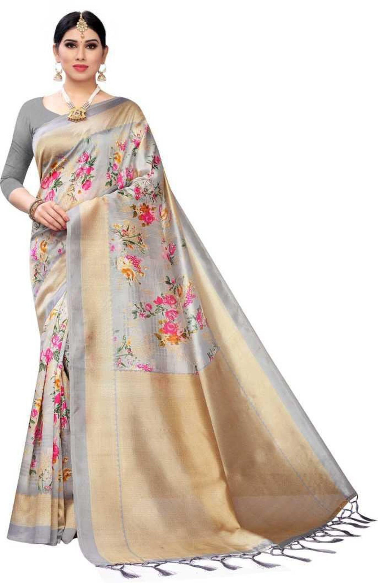 TheHangr Women's Beautiful Printed Art Silk Saree With Blouse Piece & Fancy Jhallar - Grey