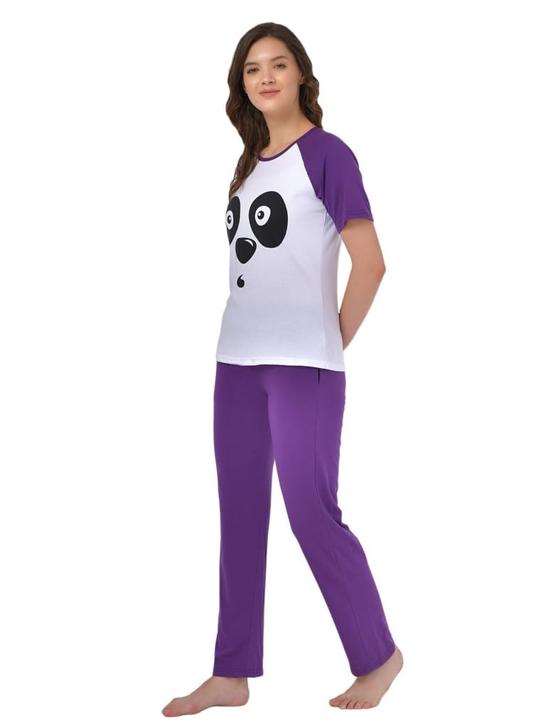 Klamotten Women's White Purple Raglan Sleeves Top Pyjama Set GM04P view 2