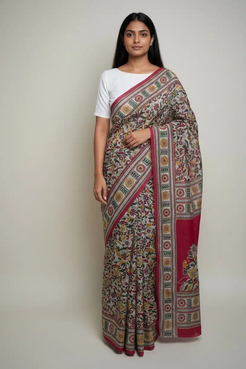 Bomkai Sonepuri Cotton Saree Gray Kalamkari Floral