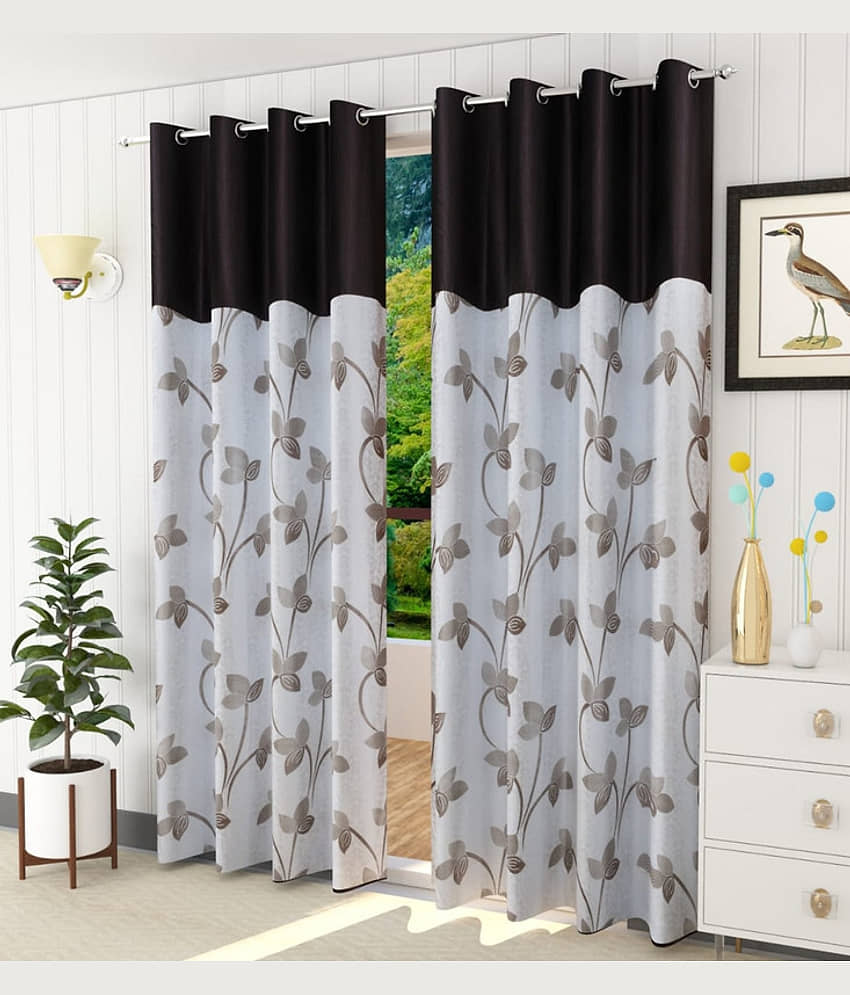 Kraftiq Homes Floral Semi-Transparent Eyelet Curtain 9 ft ( Pack of 2 ) - Brown
