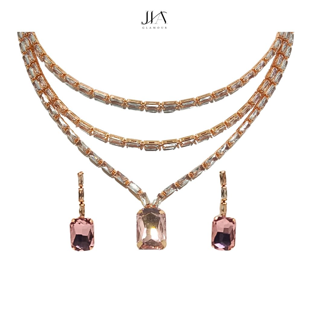Jia Glamour - Luxury Handcrafted Rose Gold Plated AD Necklace Set with Earrings - Pink Stones, Suited for Party Casual Formal for Women