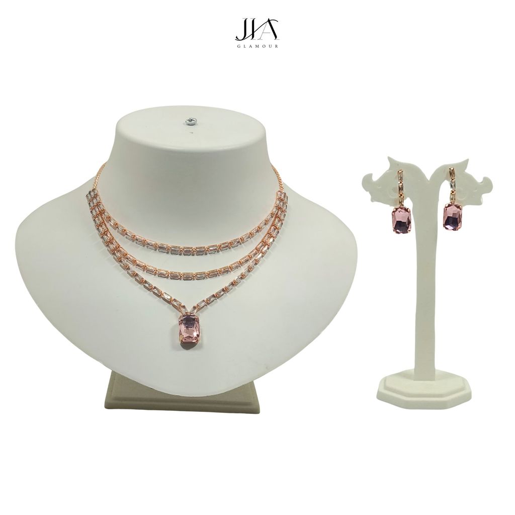 Jia Glamour - Luxury Handcrafted Rose Gold Plated AD Necklace Set with Earrings - Pink Stones, Suited for Party Casual Formal for Women view 2