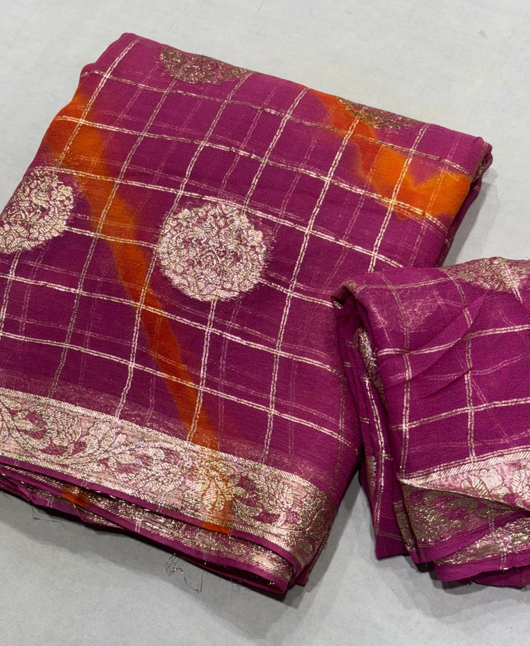 Pure jorhat fabric with beautiful Jaipuri bandej malti shades lahriya all over and hand Malti daing zari havvy raning bp suppr saree