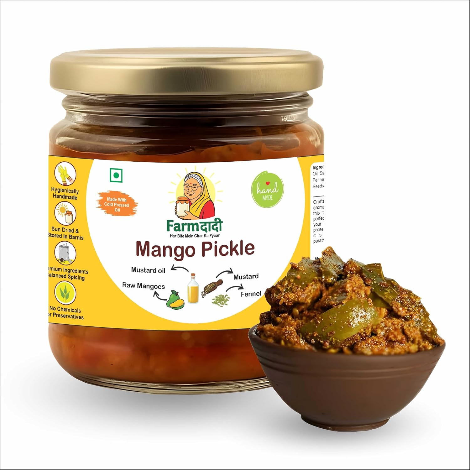 FarmDadi Mango Pickle 350g Homemade | Traditional Indian Achar | Less Oil Aam ka achar home made Pickle in fresh | Aam Ka Achaar made with Cold Pressed Oil, Organic Methods & Preservative free || Pack of 4