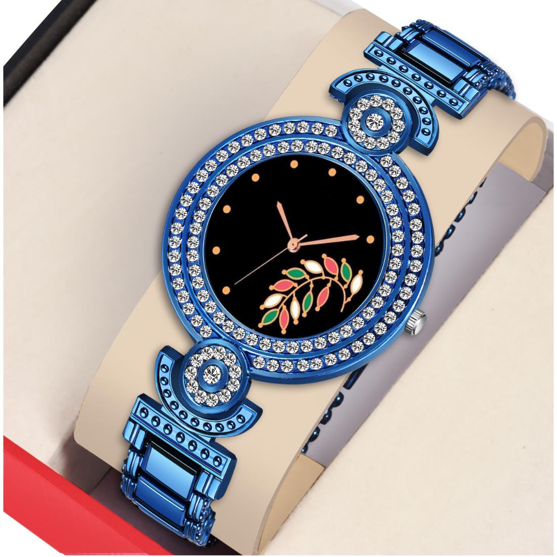 Bolun Black Flower Well Dial Blue BD Girls and Women Watch