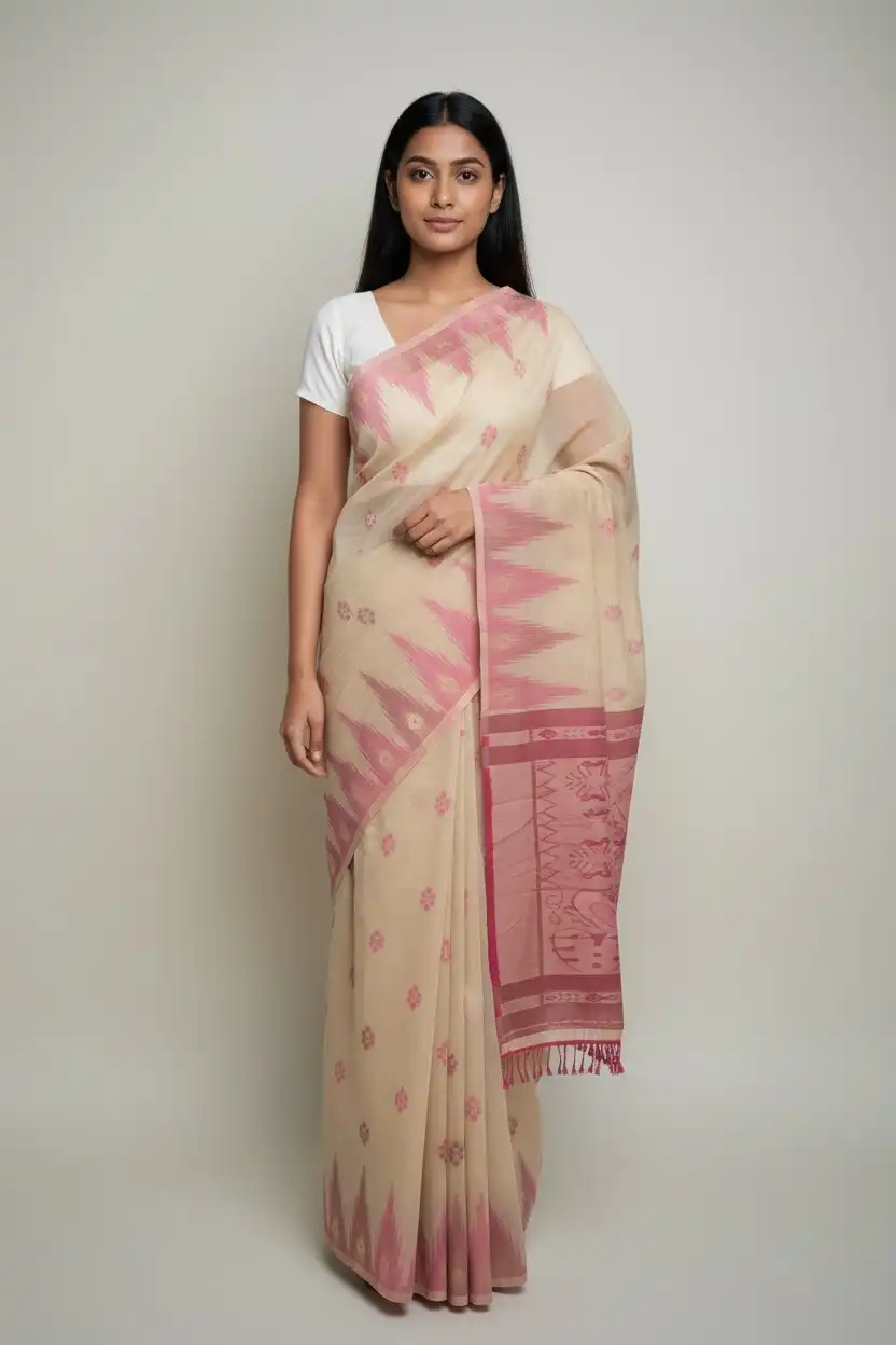 Sonepuri Cotton Saree Rose Khaki Temple Border Buti