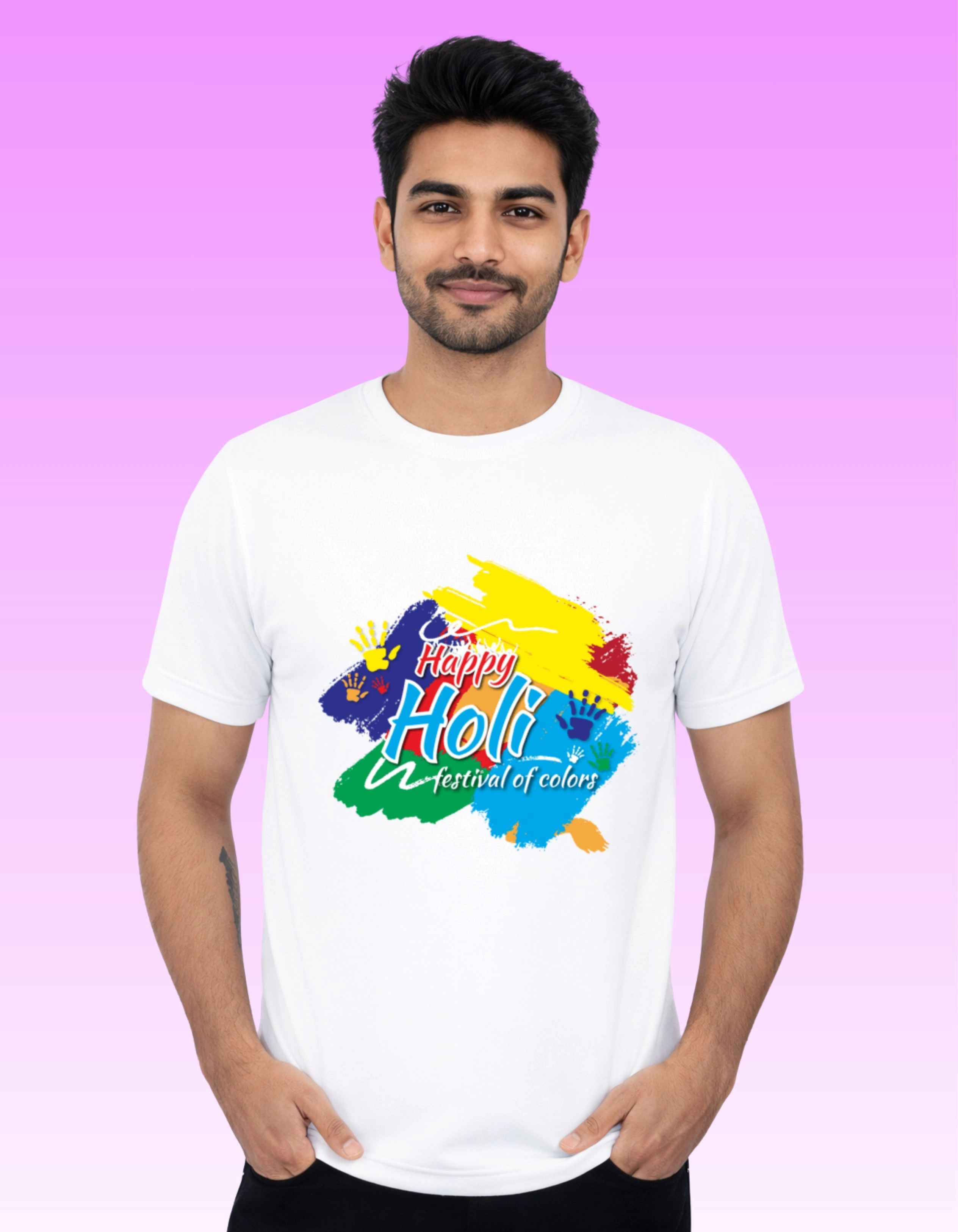 Innovative Happy Holi Festival of Colors Polyester T-Shirt 140 GSM Round Neck White