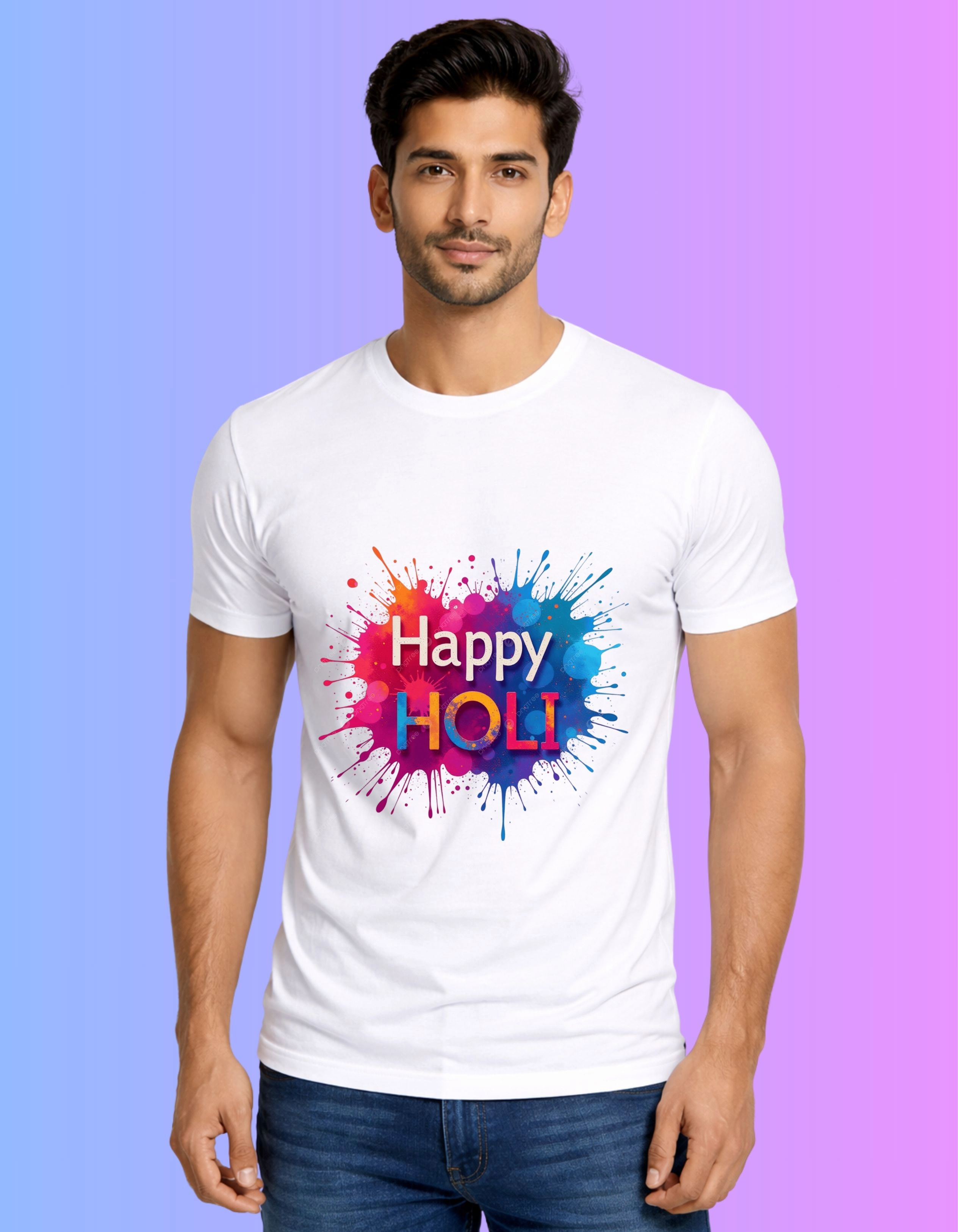 Vibrant Splash Happy Holi Polyester T-Shirt 100 GSM Round Neck White