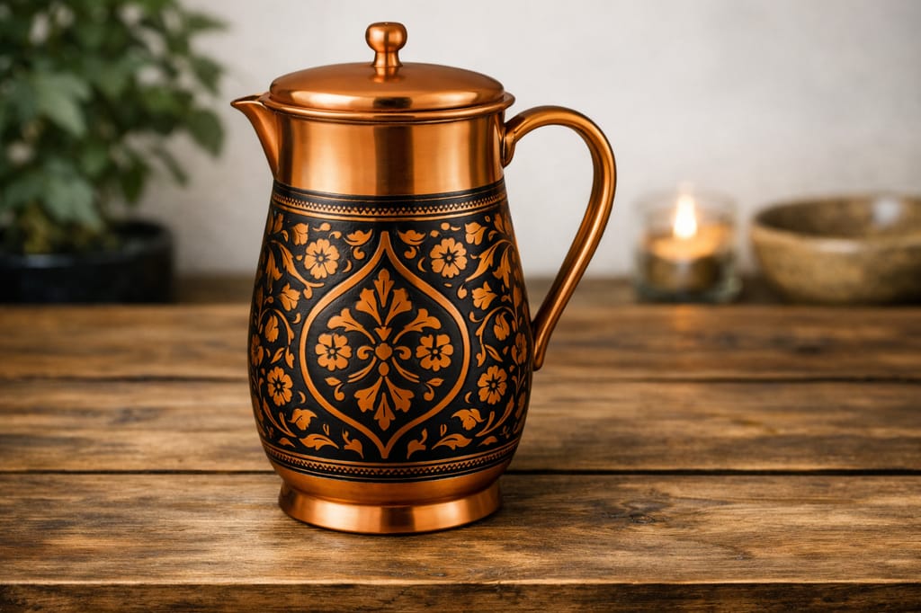Handcrafted Engraved Copper Water Jug with Floral Patina Design view 2