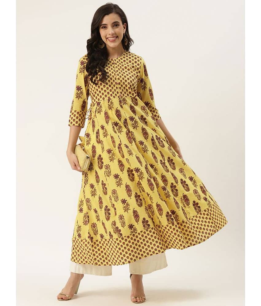 HISHAM - Yellow Cotton Blend Women's Anarkali Kurti ( Pack of 1 )