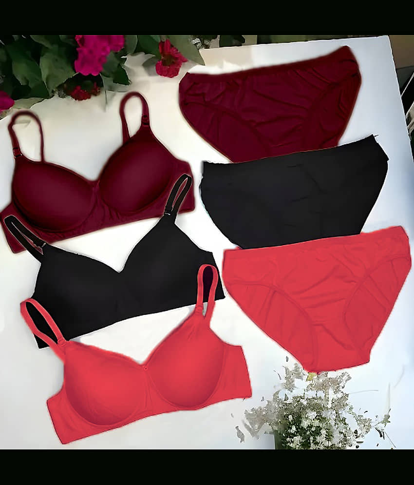 EASTERN CLUB Pack of 3 Cotton Blend Bra & Panty Set For Women ( Red,Black,Light Blue )