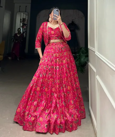 Tasar silk Floral Print Wedding Lehenga