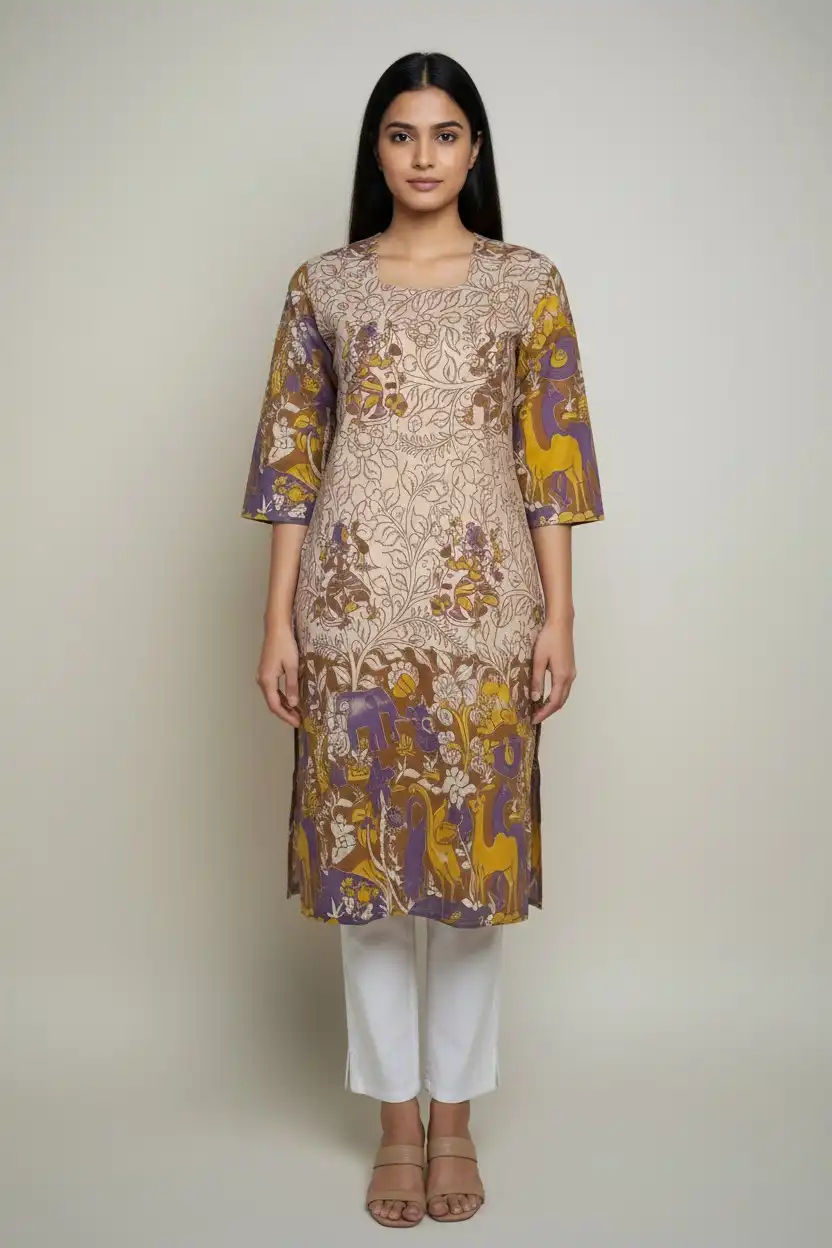 Block Print Cotton Kurti Light Khaki Yellow