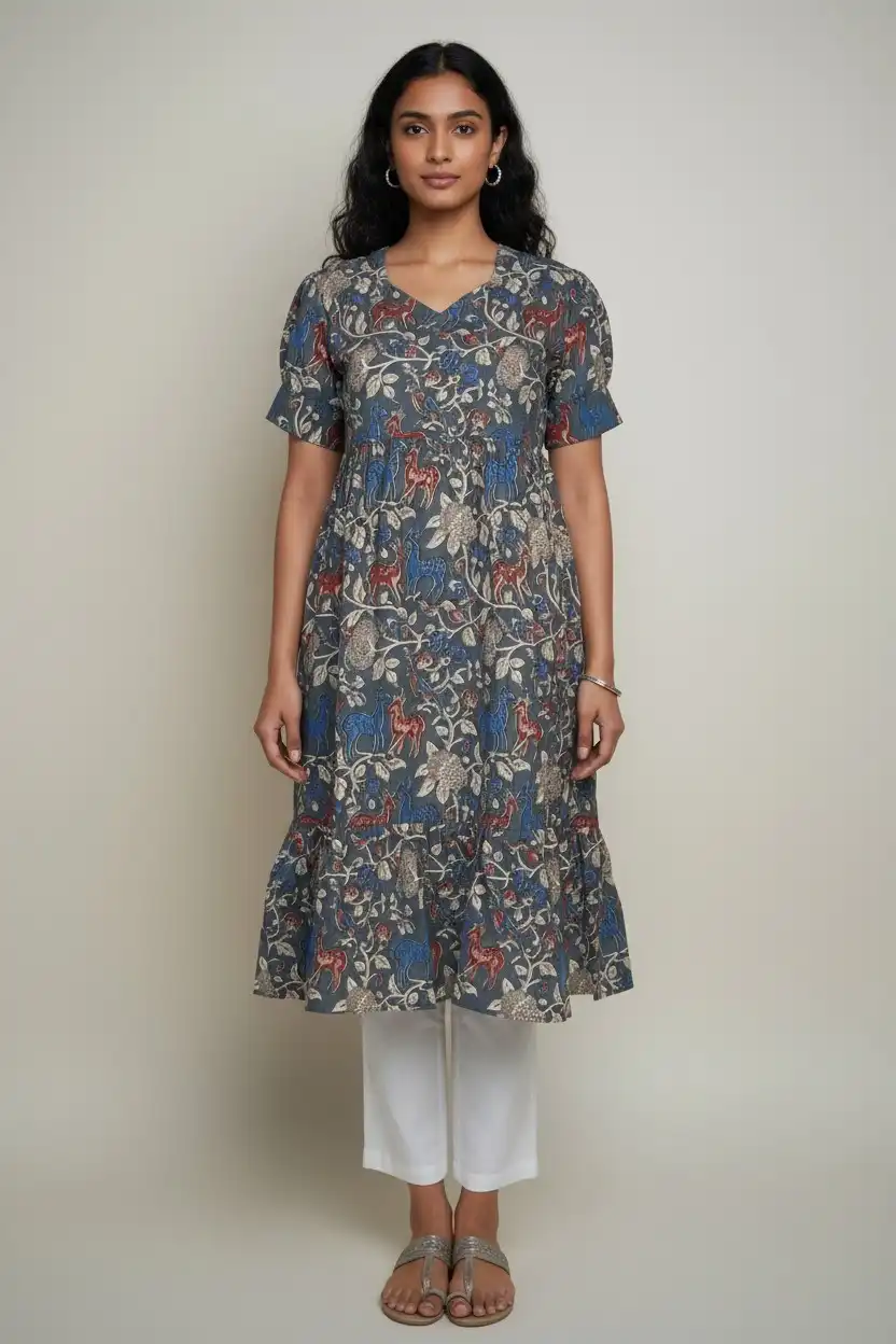 Slate Gray Pedana Kalamkari Cotton Tiered Dress with Floral Motifs