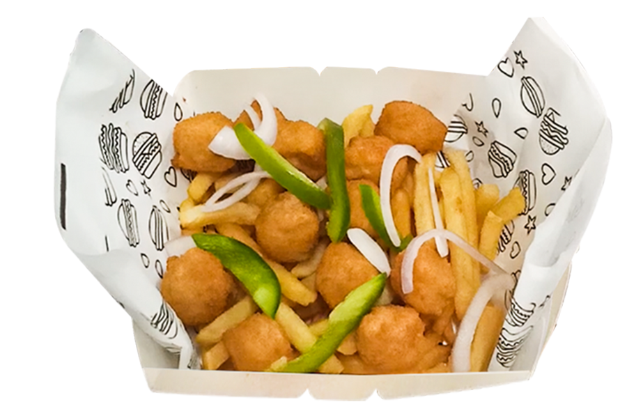 French fries + chicken popcorn