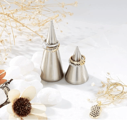 Brass Ring Holder Cone for Jewelry - Silver Solid Weighted Metal Cones Set for Rings Display and Bedroom Decorations - Aesthetic Accessories Decor Organizer Paper Weight view 2