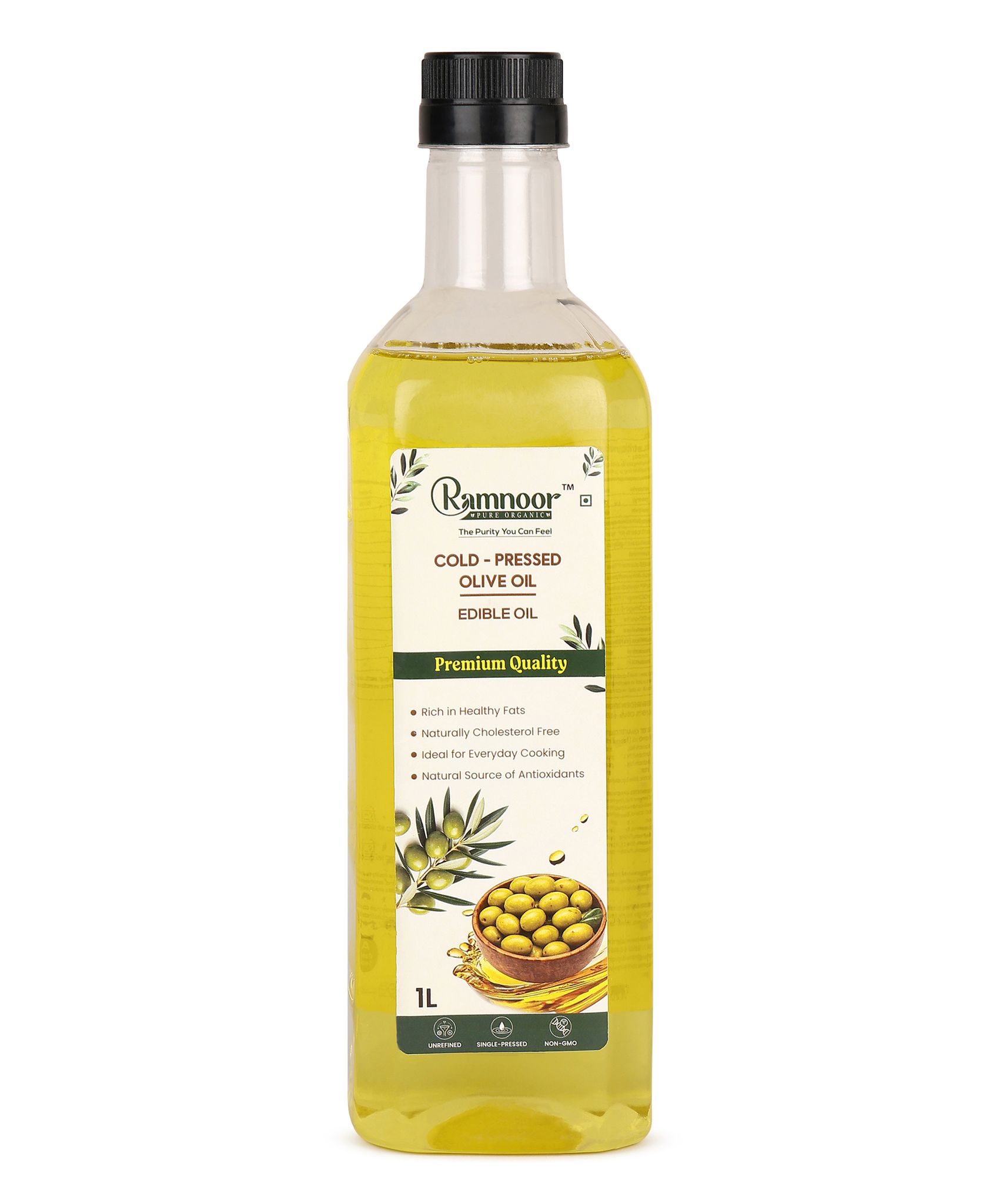 Ramnoor Pure Organic Virgin Olive Oil 1L | Cold Pressed | Unrefined | Pure & Natural | Rich Flavor | Cooking & Salad Oil