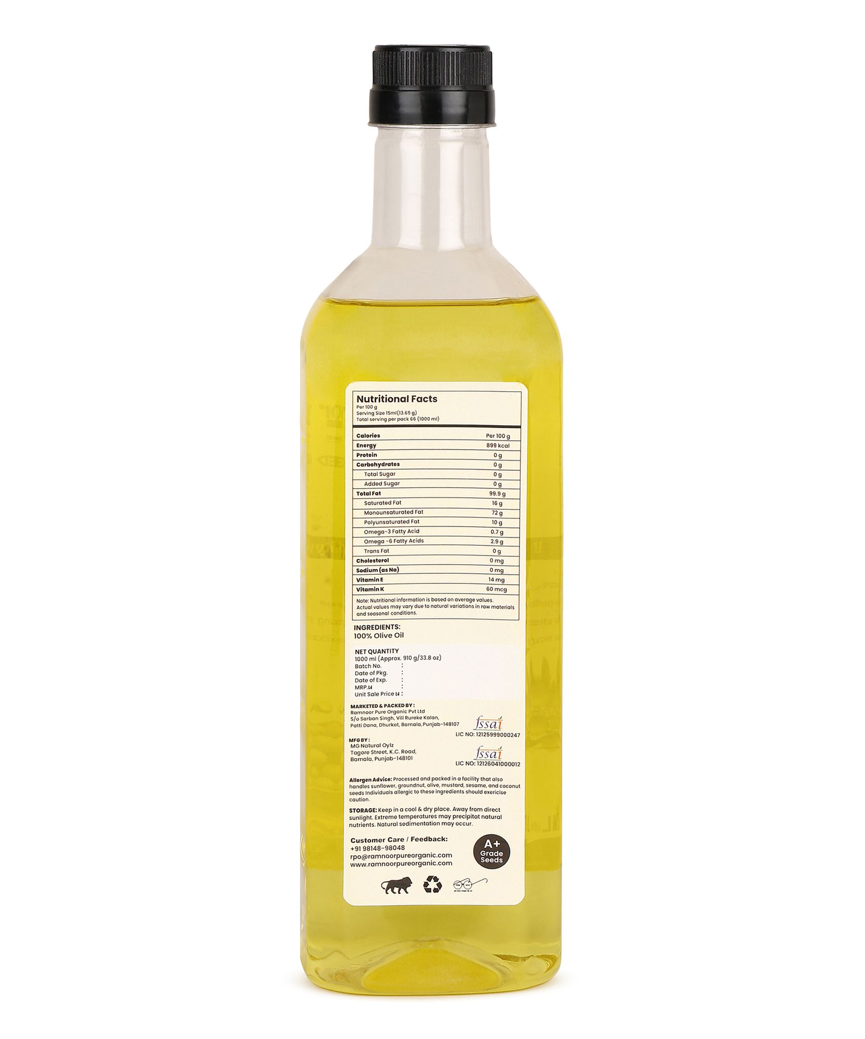 Ramnoor Pure Organic Virgin Olive Oil 1L | Cold Pressed | Unrefined | Pure & Natural | Rich Flavor | Cooking & Salad Oil view 2