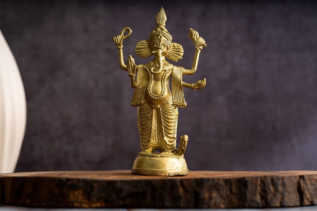 SOWPEACE Handcrafted dhokra Art Ganesh “Glittery Ganesh-G” Brass showpiece Premium Artisan Made Tabletop Home Decor for Living Room, for Gif view 2