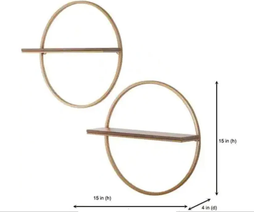 Sahaj Hast Wall Mount Shelf - Circle Geometric Shelf Set of 2 in Modern Wood & Metal Design for Living Room or Study view 2