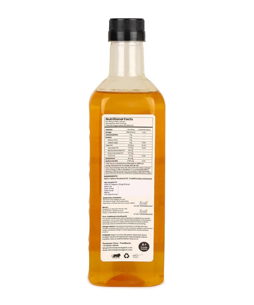 Ramnoor Pure Organic Wood Pressed Yellow Mustard Oil 1L | Kachi Ghani Cold Pressed Sarson Tel | Unrefined | Strong Aroma | Traditional Cooking Oil view 2