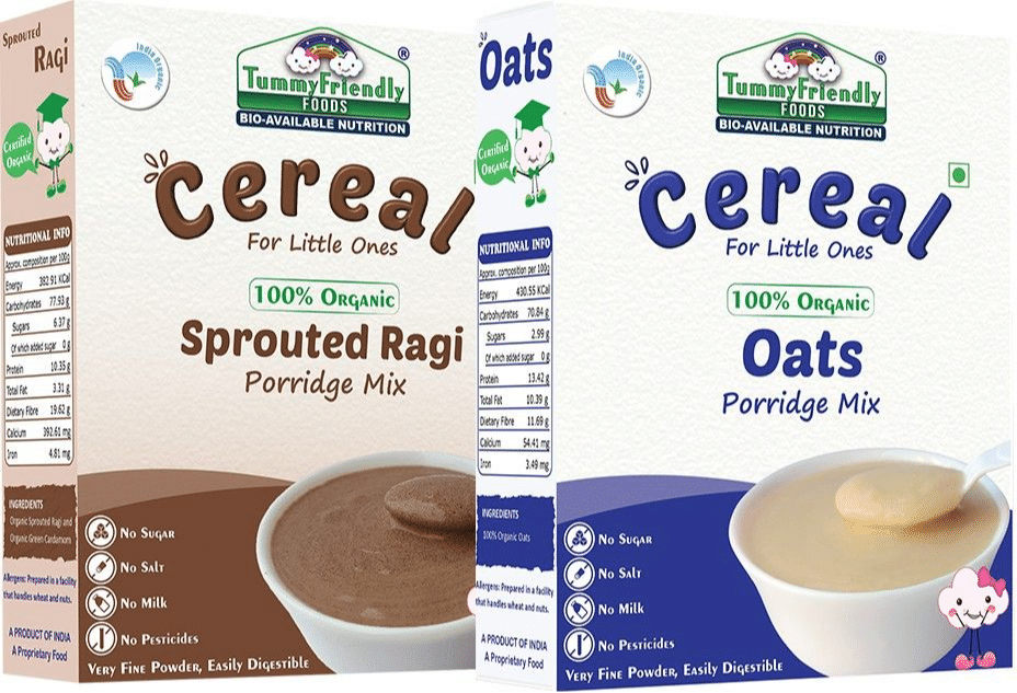 TummyFriendly Foods Certified 100% Organic Oats And Organic Sprouted Ragi Porridge Mixes, Made of Organic Oats & Organic Sprouted Ragi For Baby, Rich In Beta-Glucan, 200 gm Each Cereal (Pack of 2)