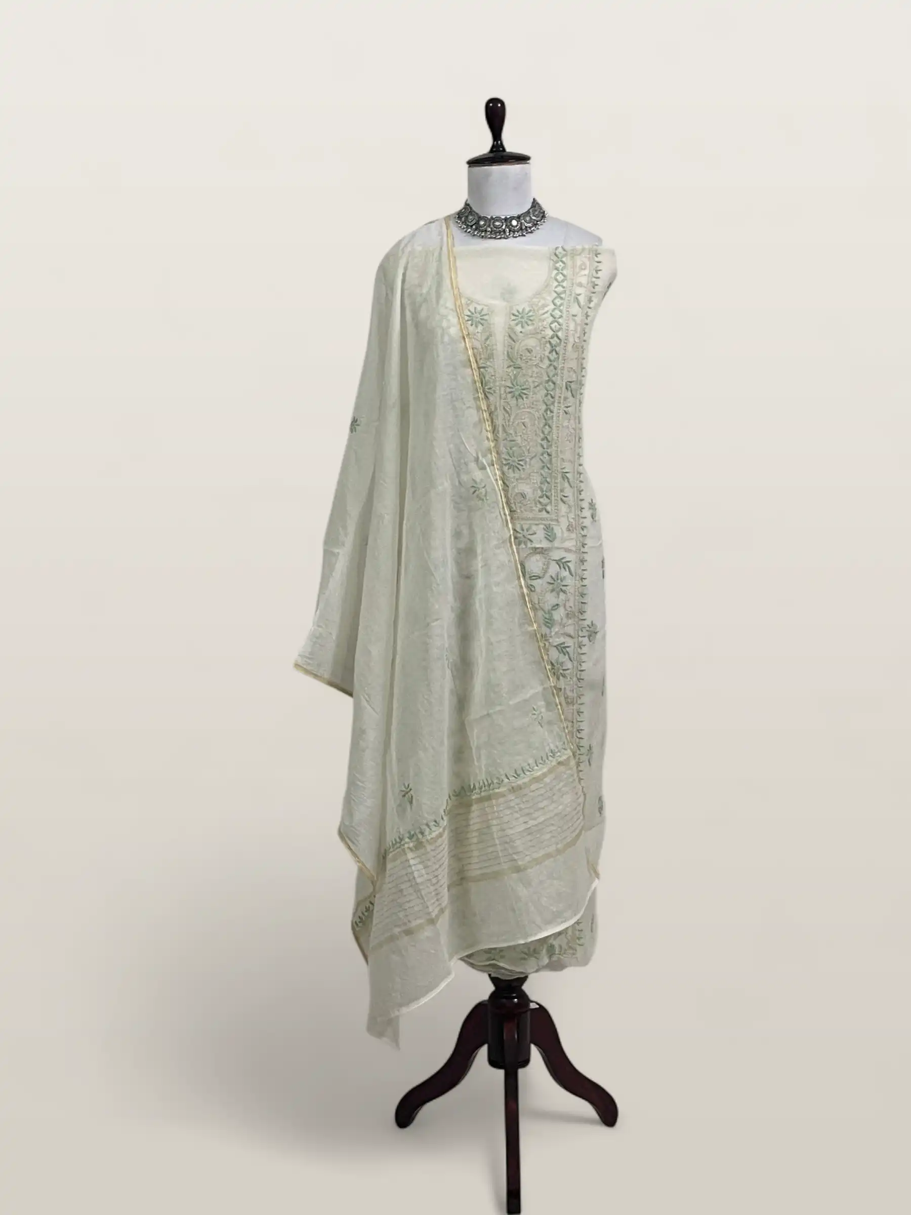 Chikankari Mul Chanderi Dress Material Mint Green Floral