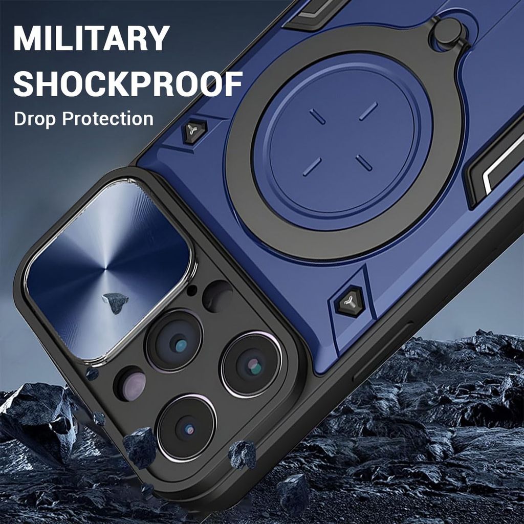 LIRAMARK Back Cover Case Compatible with iPhone 15 Pro Max (6.7 inch) with Stand & Slider Camera Military Grade Drop Protection view 2