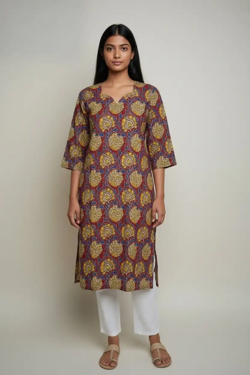 Block Print Cotton Kurti Maroon Yellow Blue Floral