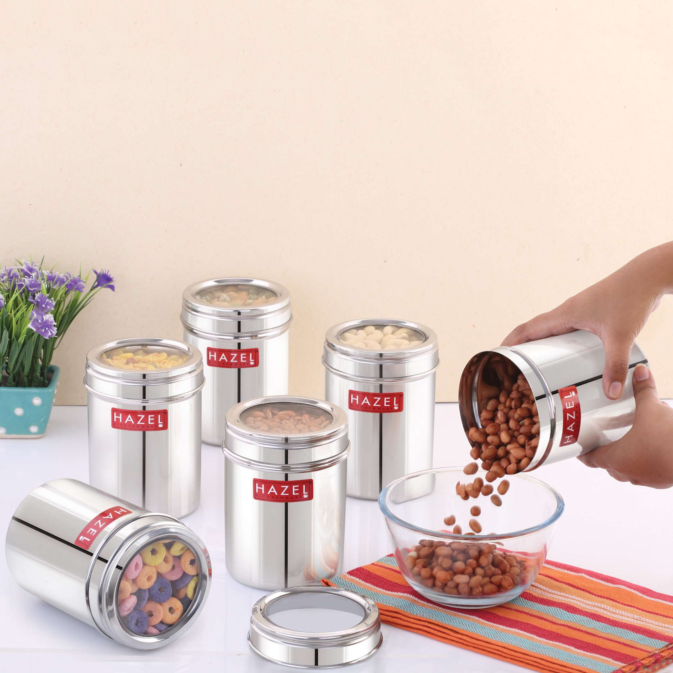 HAZEL Stainless Steel Kitchen Container with Transparent Lid , Top See Through Kitchen Container Set with Matt Finish , Multipurpose Container for Kitchen Storage, 900 ML, Set of 6