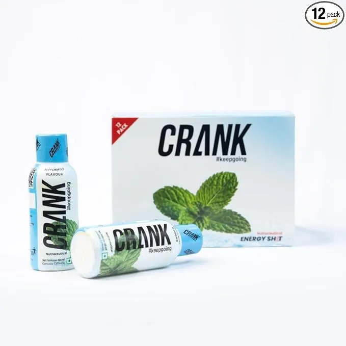 Crank Energy Shot Peppermint Flavour (Pack of 12) | 130mg Caffeine + Taurine + B-Vitamins + Phenylalanine | Real Cane Sugar for Optimal Energy | Instant & Sustained Energy for Workouts, Work, Travel, Sports | Pocket Sized | 60ml Each