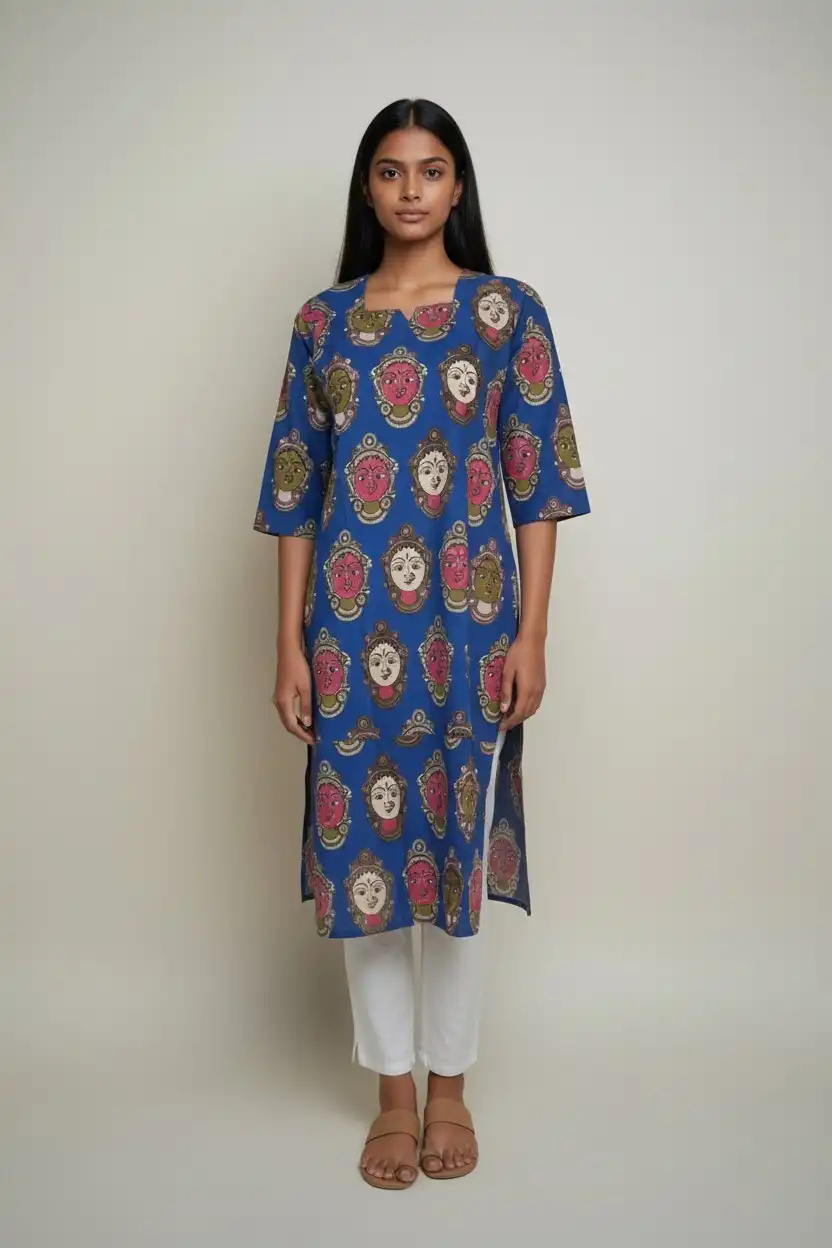 Block Print Cotton Kurti Blue Pink Gray Floral