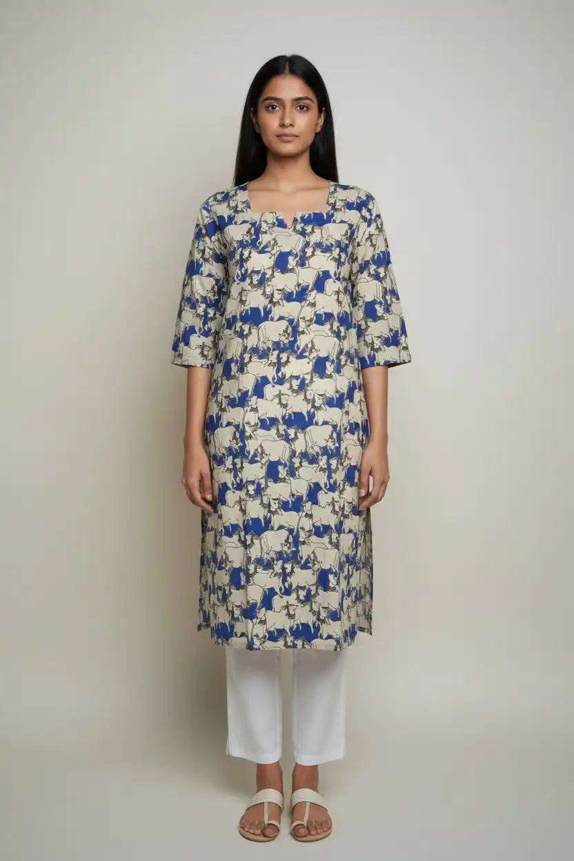Pedana Kalamkari Screen-Printed Cotton Kurti in Cream and Blue