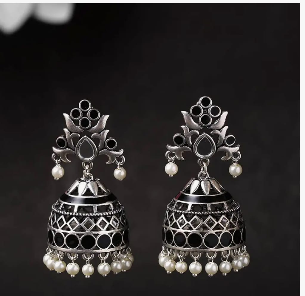 Black Jhumka Earrings with Pearls and Silver Accents view 2