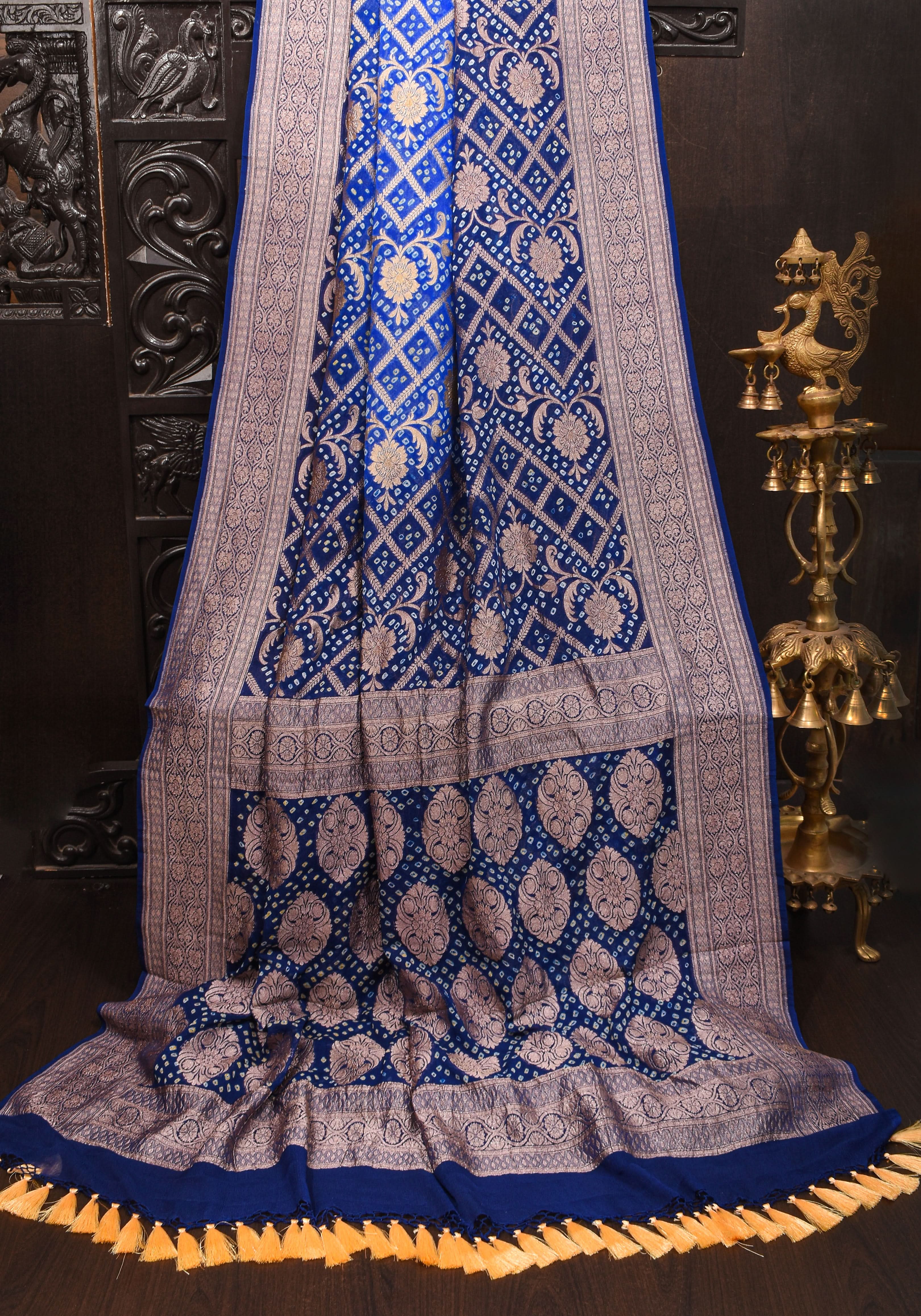 Blue Ombre Authentic Hand Bandhej Banarasi Silk Georgette Saree with zari jaal pattern| SILK MARK CERTIFIED