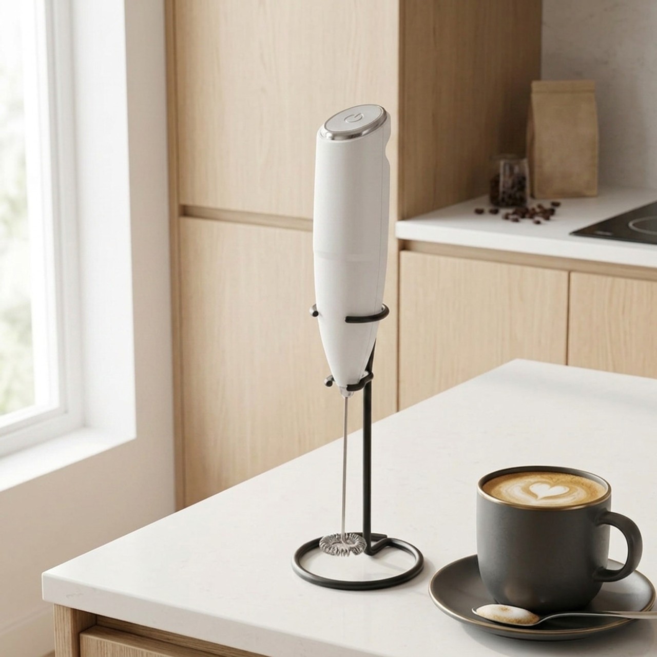 TrueSnap Mini Electric USB Rechargeable Handheld Milk Frother & Whisk, Portable Foam Mixer for Coffee, Latte, Cappuccino, Matcha & Kitchen Use - White