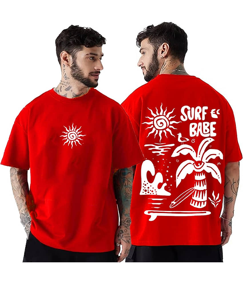 RodZen Men Cotton Blend Oversized Fit Printed T-Shirt ( Red )
