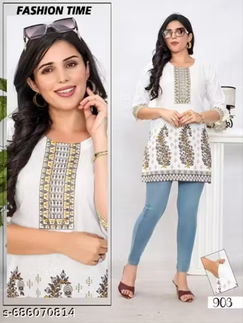 Women's Stylish and Trending White Base Cotton Short Tunic Kurti Seaquence Yellow & Brown Eambroidered & Daman Printed One Side Pocket