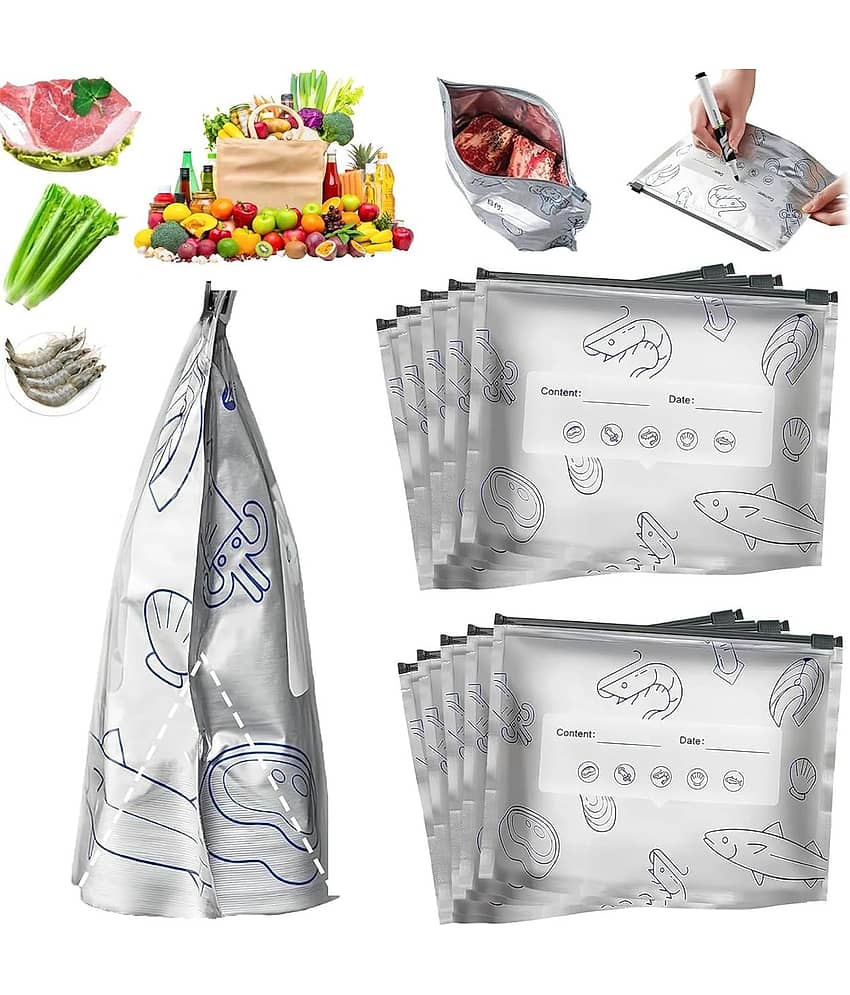 RAVISTRA Reusable Aluminum Foil Zip Lock Food Storage Bags(10 Pcs, 3 Sizes) | Leakproof Freezer Safe Foil Pouch for Meat, Vegetables, Snacks & Food Storage | Writable & Resealable Fresh-Keeping Bags