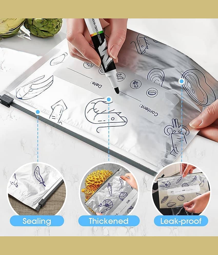 RAVISTRA Reusable Aluminum Foil Zip Lock Food Storage Bags(10 Pcs, 3 Sizes) | Leakproof Freezer Safe Foil Pouch for Meat, Vegetables, Snacks & Food Storage | Writable & Resealable Fresh-Keeping Bags view 2