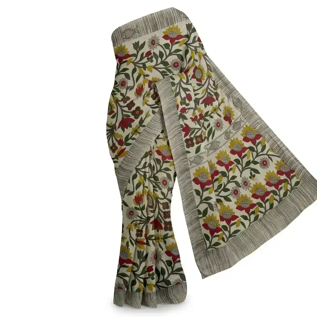 Cream Printed Odisha Handloom Saree | Ethnic Woven Cotton