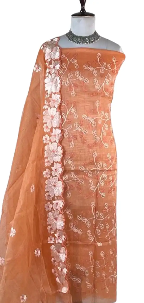 Kota Doria Dress Material Orange Peach Floral Jaal