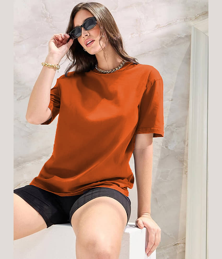 Leotude Women Cotton Blend Solid Oversized Fit Round Neck T-Shirt ( Orange )