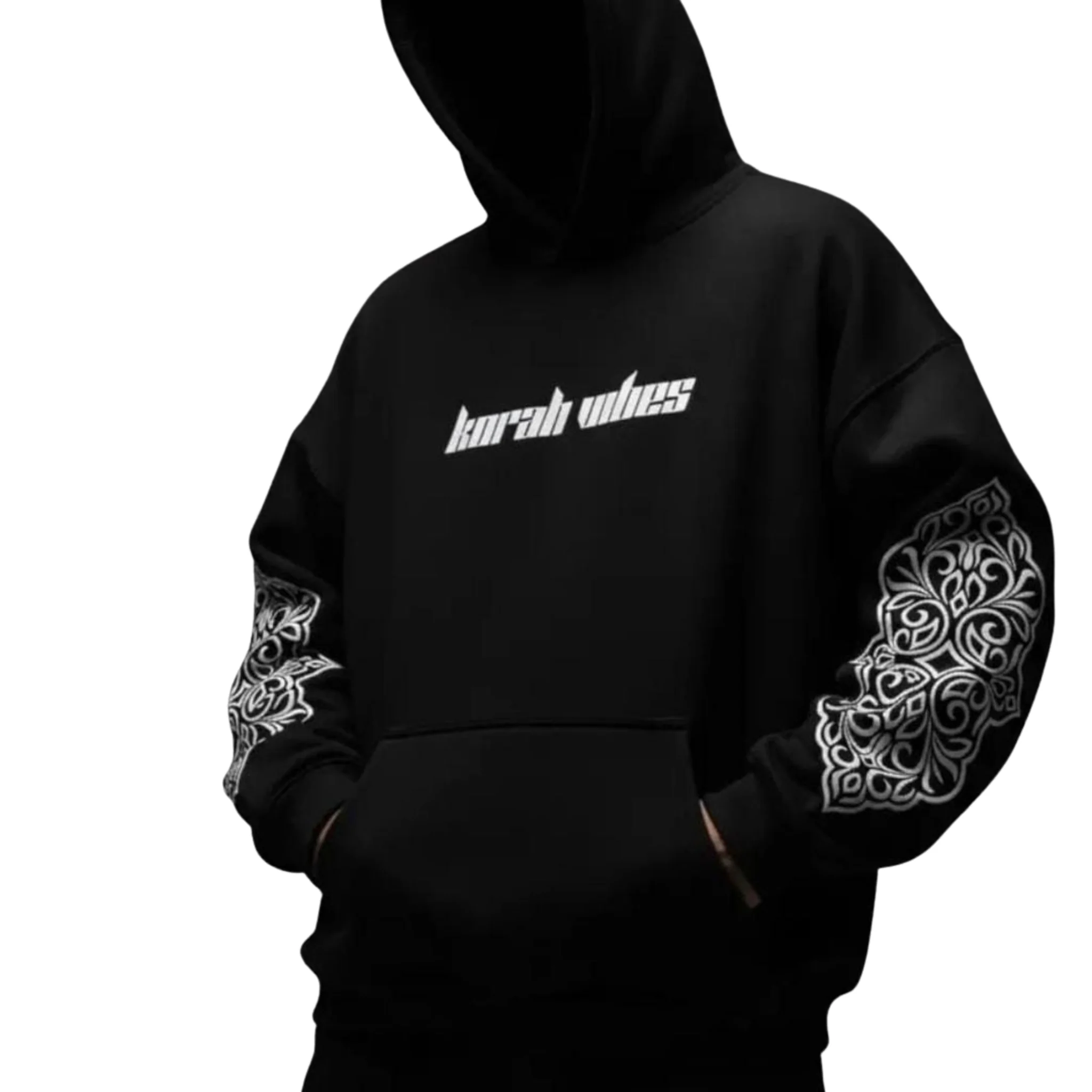 Ami Bolchi Korah Vibes Black Oversized Hoodie for Men Streetwear Tribal Sleeve Print Winter Sweatshirt