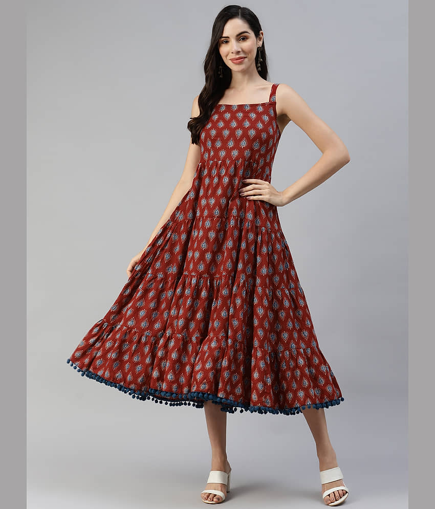 Divena Women Cotton Printed Fit & Flare Dress ( Navy Blue )