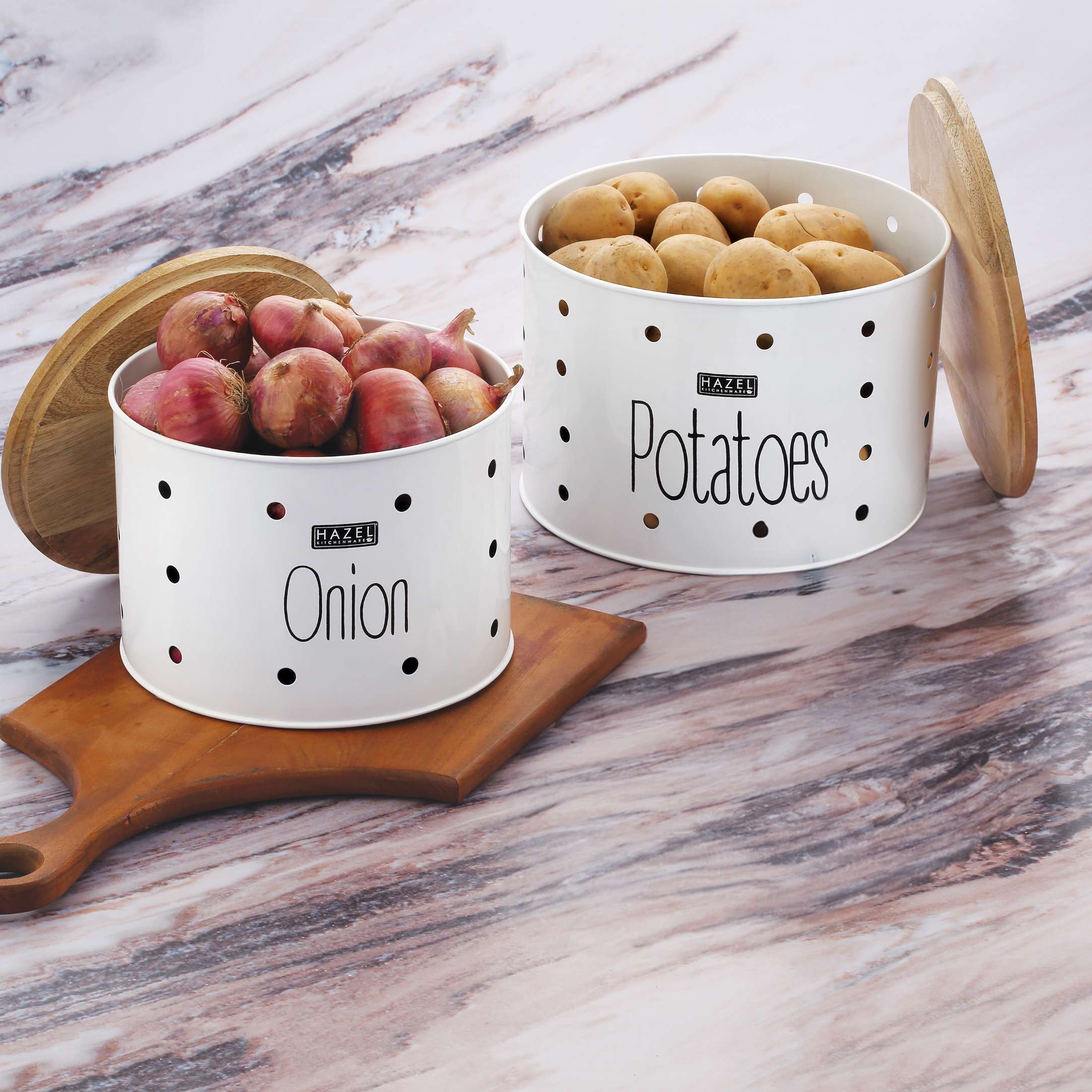 HAZEL Potato Onion Storage Container for Kitchen, Onion and Potato Container, Set of 2, White